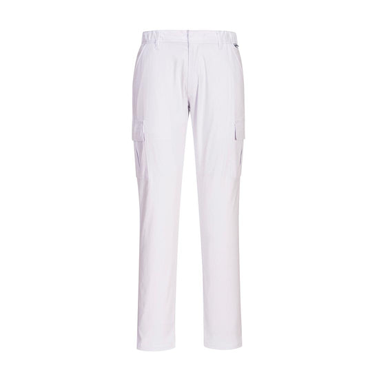 White Stretch Slim Combat Trouser with side pockets lower combat pockets and belt loops.