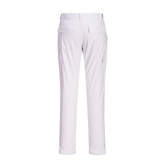 White Stretch Slim Combat Trouser with side pockets lower combat pockets and belt loops.