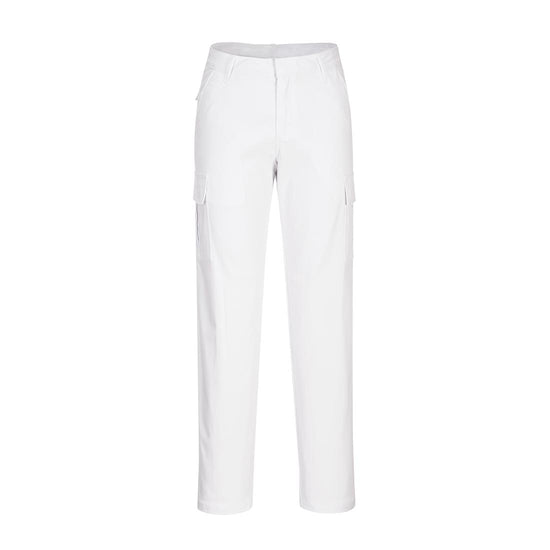 White Women's Stretch Cargo Trouser with relfective trim on hem