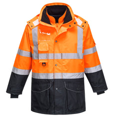 Orange Hi vis seven in one contrast traffic jacket with two waist bands and shoulder bands. Zip and Pop button fasten with waist pockets chest pocket, ID badge holder, D loop and visible hood. Jacket has navy contrast on the bottom of the jacket and arms.