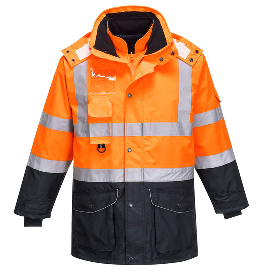 Orange Hi vis seven in one contrast traffic jacket with two waist bands and shoulder bands. Zip and Pop button fasten with waist pockets chest pocket, ID badge holder, D loop and visible hood. Jacket has navy contrast on the bottom of the jacket and arms.