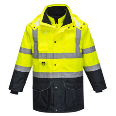 Yellow Hi vis seven in one contrast traffic jacket with two waist bands and shoulder bands. Zip and Pop button fasten with waist pockets chest pocket, ID badge holder, D loop and visible hood. Jacket has navy contrast on the bottom of the jacket and arms.