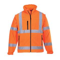 Orange Hi vis softshell jacket with two waist bands and shoulder bands. Zip fasten with an extra chest zip pocket and waist pockets.