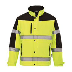 Yellow Portwest two tone softshell jacket. Jacket has black contrast on the shoulders and arms. Jacket has pockers on the sides and on the right chest. All pockets are zip fasten. Jacket has hi vis bands on the waist and arms.