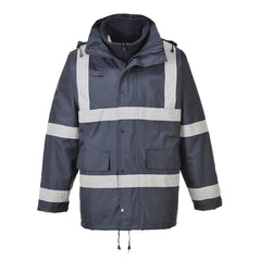 Navy Hi vis traffic jacket with two waist bands and shoulder bands. Pop button fasten with chest and waist pockets. D ring loop on the chest