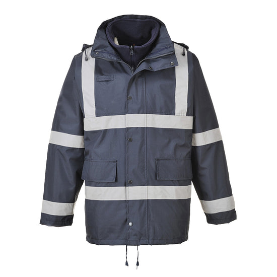 Navy Hi vis traffic jacket with two waist bands and shoulder bands. Pop button fasten with chest and waist pockets. D ring loop on the chest
