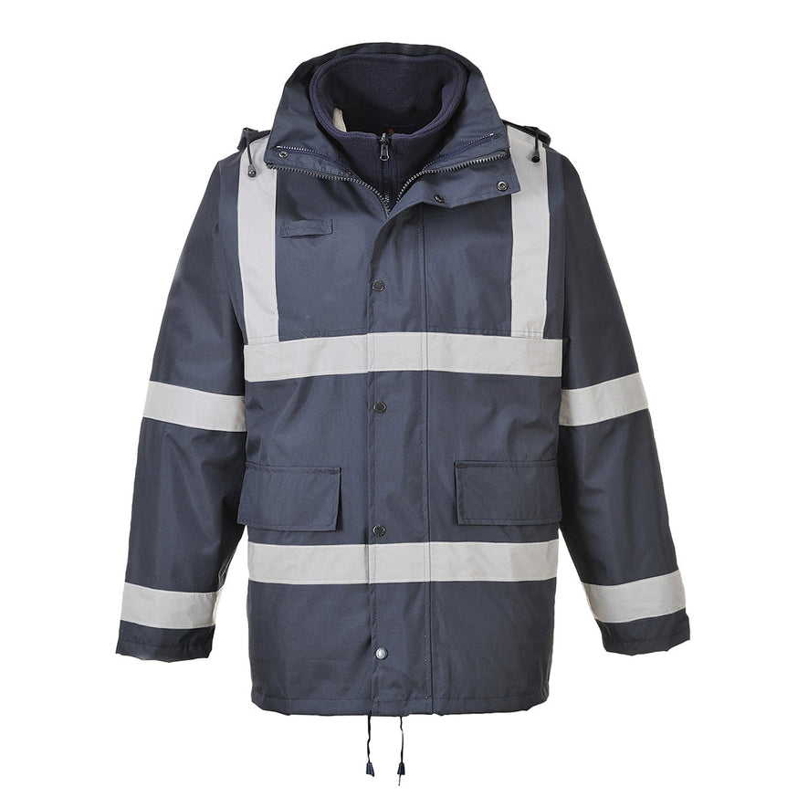 Navy Hi vis traffic jacket with two waist bands and shoulder bands. Pop button fasten with chest and waist pockets. D ring loop on the chest