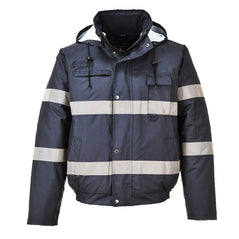 Navy Hi vis bomber jacket with two waist bands and shoulder bands. Pop button fasten with chest and waist pockets.