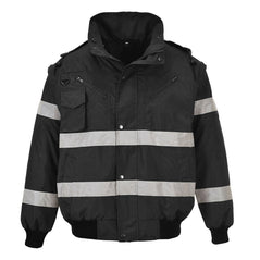 Black Hi vis bomber jacket with two waist bands and shoulder bands. Pop button fasten with chest and waist pockets.