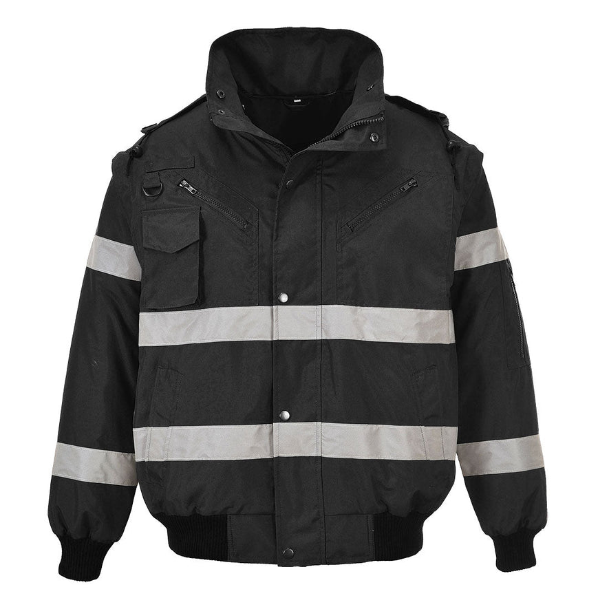 Black Hi vis bomber jacket with two waist bands and shoulder bands. Pop button fasten with chest and waist pockets.