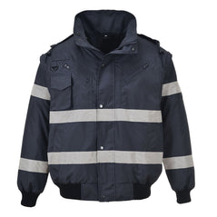 Navy Hi vis bomber jacket with two waist bands and shoulder bands. Pop button fasten with chest and waist pockets.