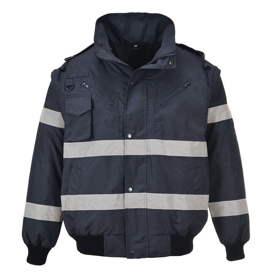Navy Hi vis bomber jacket with two waist bands and shoulder bands. Pop button fasten with chest and waist pockets.
