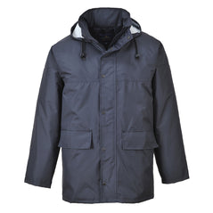 Navy traffic jacket with side pockets and a drawstring tighten hood.