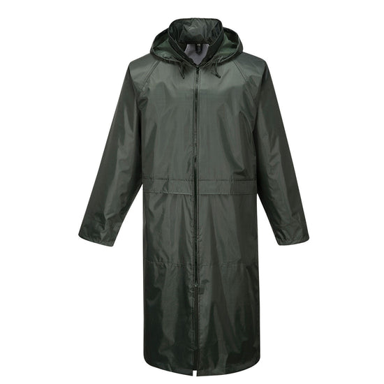 Olive Classic rain coat with zip fasten and visible hood.