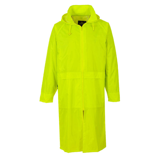 Yellow Classic rain coat with zip fasten and visible hood.