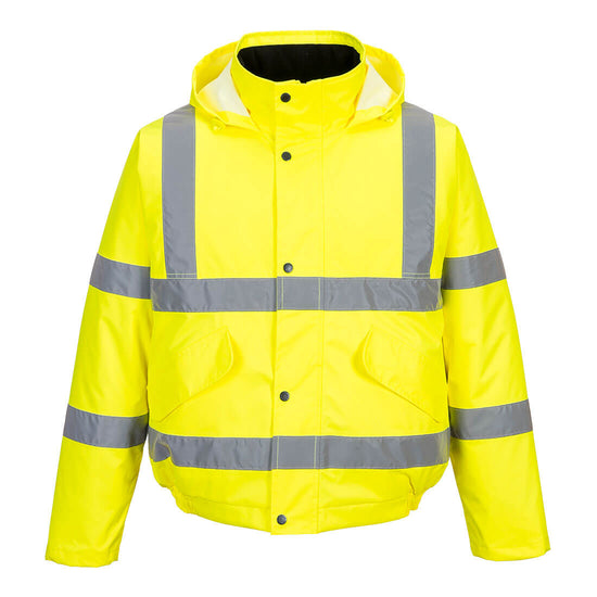 Yellow Hi vis bomber jacket with two waist bands and shoulder bands. Pop button fasten with waist pockets and visible hood.