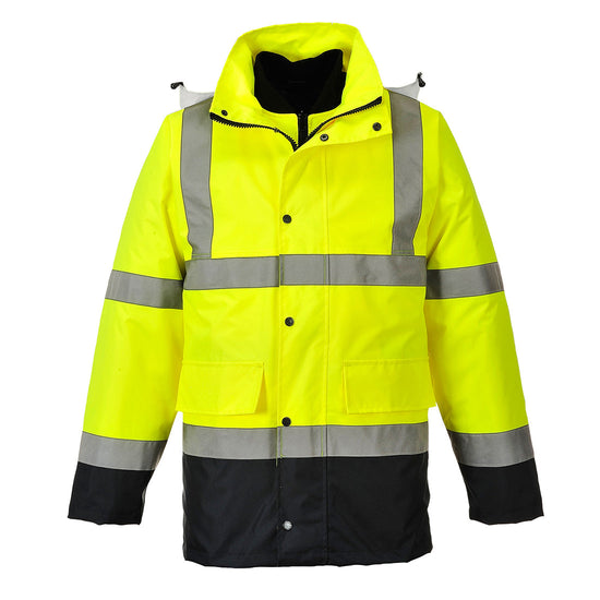 Yellow Hi vis four in one contrast traffic jacket with two waist bands and shoulder bands. Zip and Pop button fasten with waist pockets and visible hood. Jacket has navy contrast on the bottom of the jacket and arms.