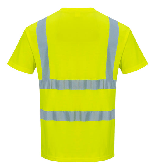 Back of Portwest Hi-Vis T-Shirt in yellow with short sleeves and reflective strips on shoulders and across body.