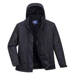 Black Limax insulated jacket with zip fasten waist pockets and visible hood. Jacket is zip fasten.