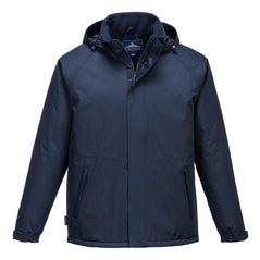 Navy Limax insulated jacket with zip fasten waist pockets and visible hood. Jacket is zip fasten.