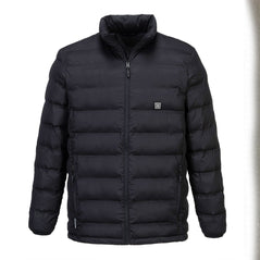 Black Ultrasonic Heated Tunnel Jacket with 'on' button badge on chest for power on. jacket is zip fasten, has zip pockets and padded body and arms.
