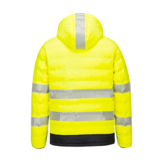 Yellow Hi-Vis Ultrasonic Heated Tunnel Jacket with black waist and refelctive trims on middle and hood