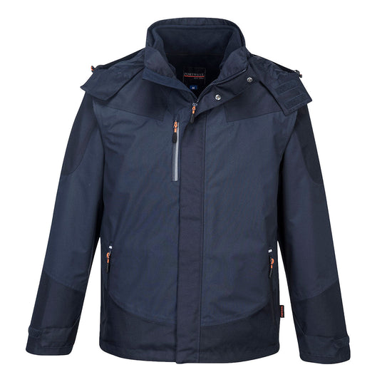 Dark Navy portwest radial three in one jacket. Jacket has a fleece zip out inner and zip pockets on the sides and chest. Jacket also has a visible hood.