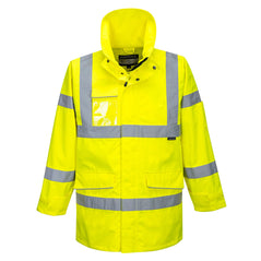 Yellow extreme hi vis parka jacket. Jacket has pockets on the lower jacket and an id holder. Jacket also has two hi vis bands along the arms, one along the chest and one on each shoulder.