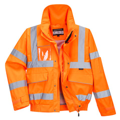 Orange extreme hi vis bomber jacket. Jacket has pockets on the lower jacket and an id holder. Jacket also has two hi vis bands along the arms, one along the chest and one on each shoulder.
