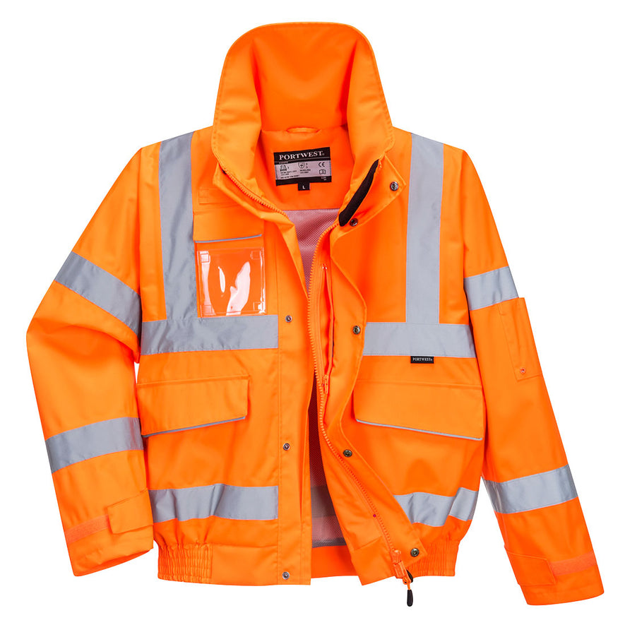 Orange extreme hi vis bomber jacket. Jacket has pockets on the lower jacket and an id holder. Jacket also has two hi vis bands along the arms, one along the chest and one on each shoulder.