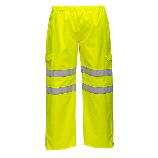 Yellow extreme waterproof trouser with hi vis knee bands and side pockets. Elasticated waistband for tighten