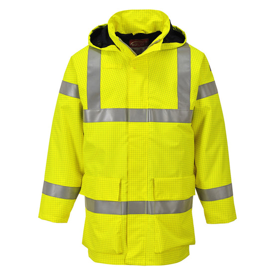 Hi Vis Bizflame multi lite flame resistant jacket in Yellow with hi vis waistbands, Arm bands and shoulder straps. Waist pockets and zip fasten. Visible hood.