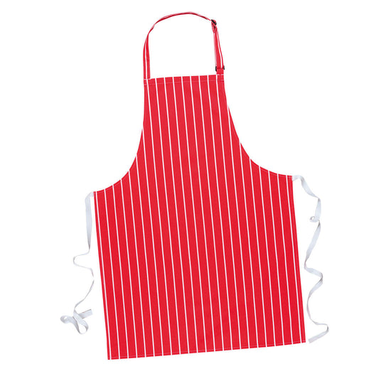 Red and white butchers apron with neck tightening and string tie.