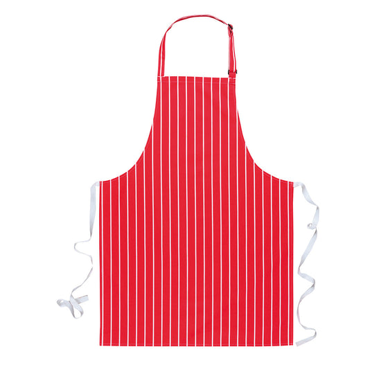 Red portwest waterproof bib apron. Apron has neck tie, waist tighten and white stripes running down the apron.