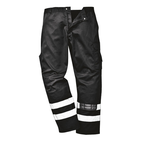 Black Iona Safety Trousers with two reflective strips on ankles, pockets on hips and side of leg, belt loops on waistband and knee pads patches.