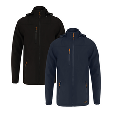 Black and Navy softshell jacket with hood and side pockets and chest pocket. Zip fasten on all pockets and Zip fasten coat. Orange zip pulls.