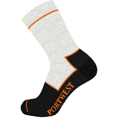 White cut resistant sock with black sole area and orange branding.