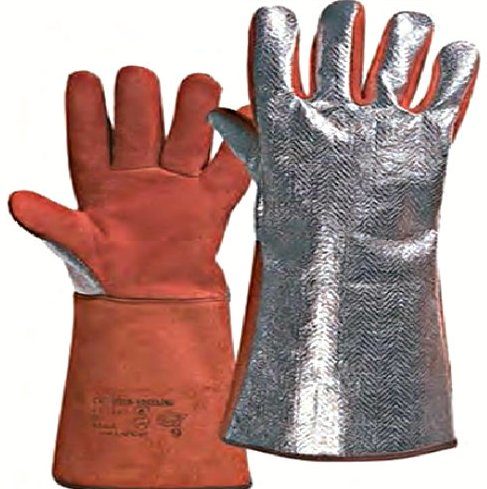 Silver and brown gauntlet. Gauntlet is heat resistant and protects up to the wrist.
