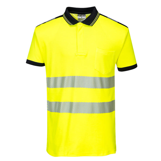Yellow PW3 short sleeve Hi vis polo shirt with black contrast on the collar, shoulders and end of sleeves. Two hi vis bands on the waist and arms as well as on the shoulders.