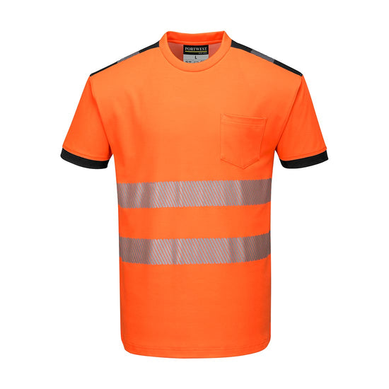 Orange PW3 Hi-Vis T-Shirt S/S with chest pocket and reflective strips and black trim on shoulder and sleeves