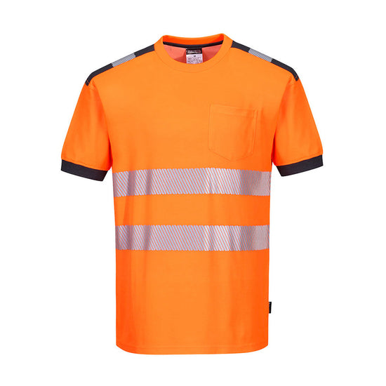 Orange PW3 Hi-Vis T-Shirt S/S with chest pocket and reflective strips and grey trim on shoulder and sleeves