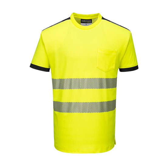 Yellow PW3 Hi-Vis T-Shirt S/S with chest pocket and reflective strips and black trim on shoulder and sleeves