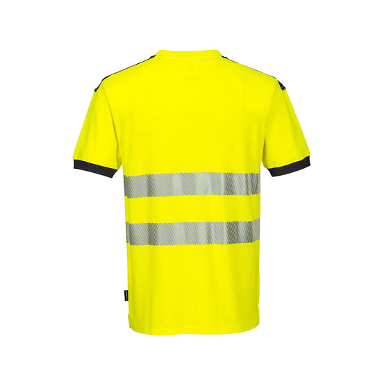 Yellow PW3 Hi-Vis T-Shirt S/S with chest pocket and reflective strips and grey trim on shoulder and sleeves