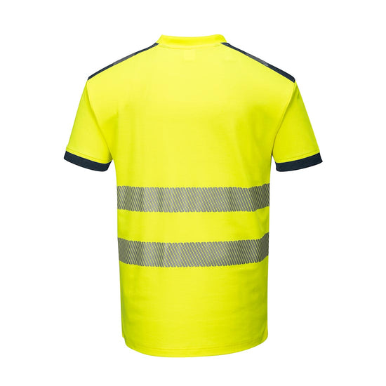 Yellow PW3 Hi-Vis T-Shirt S/S with chest pocket and reflective strips and navy trim on shoulder and sleeves