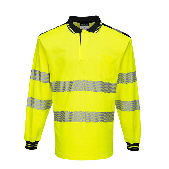 Yellow PW3 long sleeve Hi vis polo shirt with black contrast on the collar, shoulders and end of sleeves. Two hi vis bands on the waist and arms as well as on the shoulders.