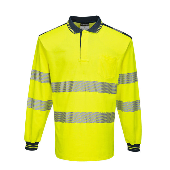 Yellow PW3 long sleeve Hi vis polo shirt with Navy contrast on the collar, shoulders and end of sleeves. Two hi vis bands on the waist and arms as well as on the shoulders.