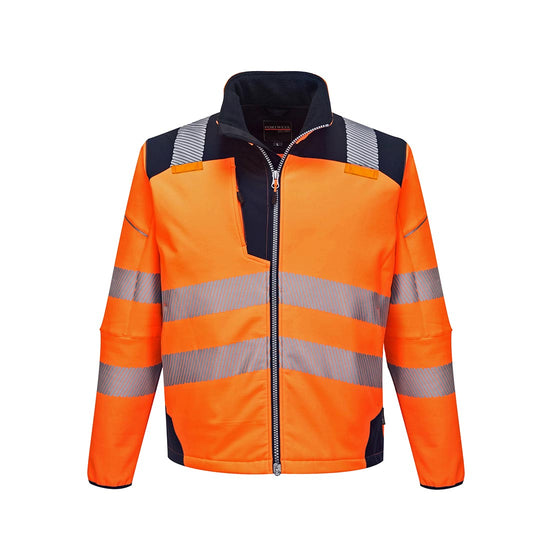 Orange PW3 Hi-Vis Softshell Jacket with navy trim on shoulders and reflective strips