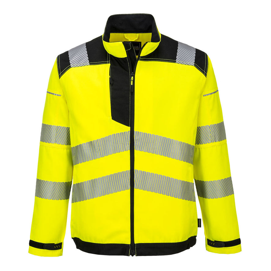 PW3 Hi-Vis Work jacket. Jacket in yellow with black contrast on the shoulders bottom of the jacket and sleeves. Jacket has reflective strips across middle, bottom and shoulders.