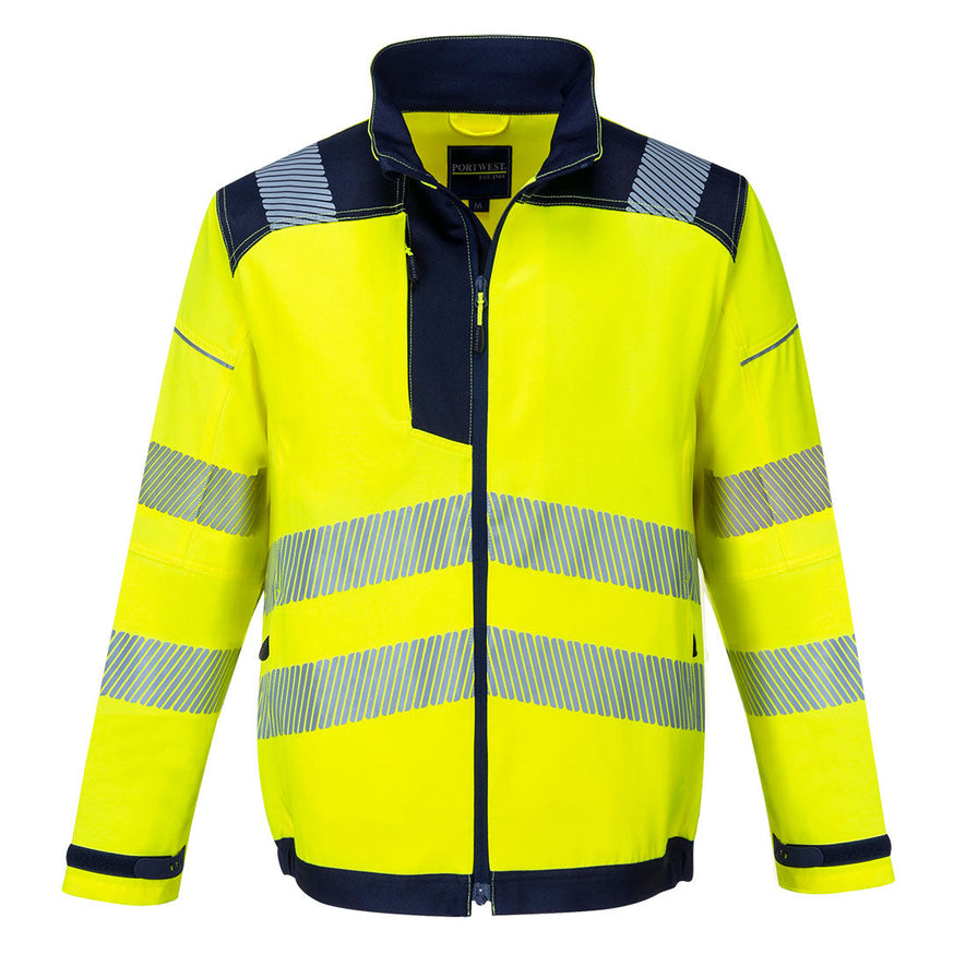 PW3 Hi-Vis Work jacket. Jacket in yellow with navy contrast on the shoulders bottom of the jacket and sleeves. Jacket has reflective strips across middle, bottom and shoulders.