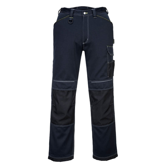 Navy Portwest PW3 Work Trouser. Trousers have cargo pockets with a d loop and white stitching. Trousers also have knee pad pockets. Trousers have black contrast on the knee pads.